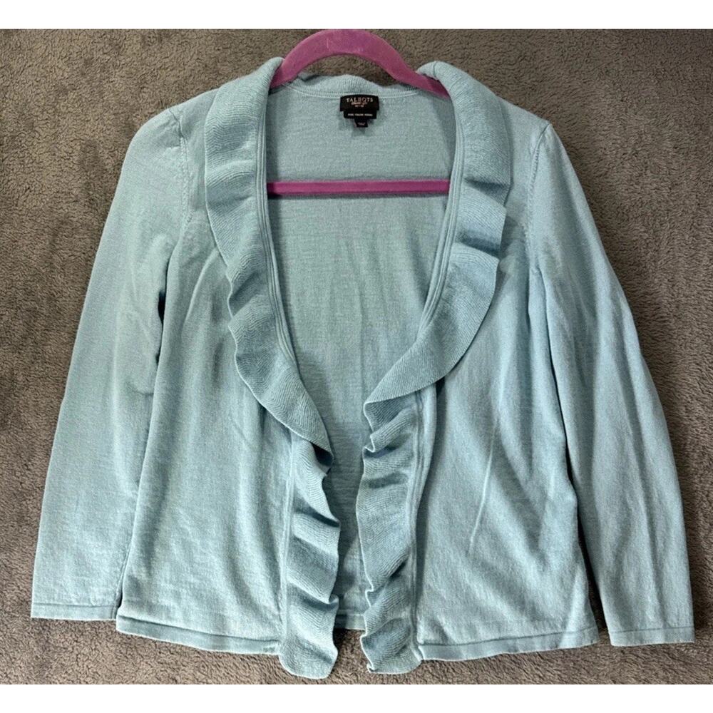 Talbots Aqua Blue Sweater Cardigan Size M Pure Italian Merino Wool Knit Ruffle
